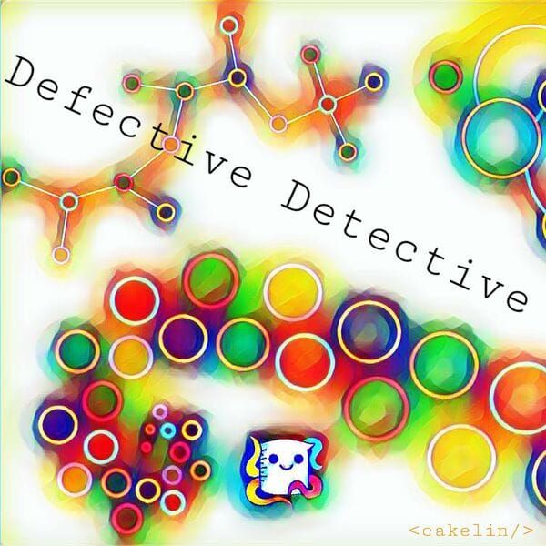 Defective Detective Podcast image: bright rainbow colors with geometric and scientific elements. Octopus in beaker logo at bottom. 
