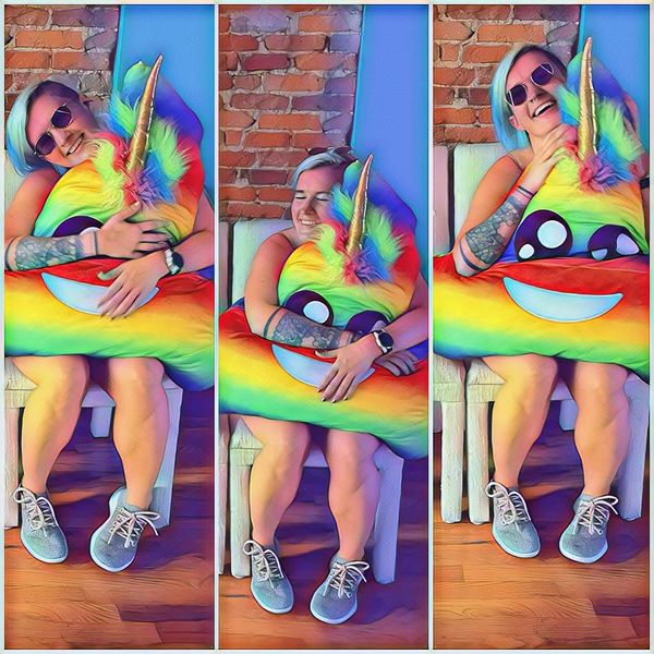 Collage of 3 pictures of me, a white nonbinary person, holding a large stuffed unicorn poop emoji. Neon art filter applied.