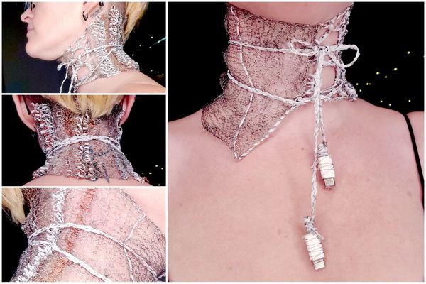 A 4 picture collage of a full neck choker knit from the insides of a charging cord, with the tails hanging down