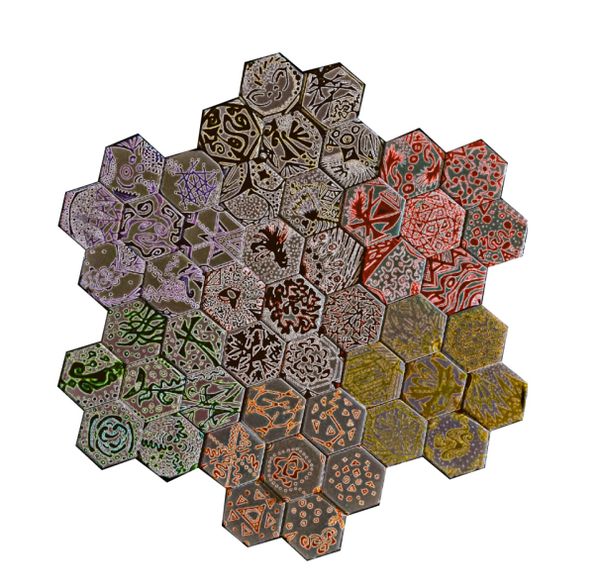 White hexagon tiles painted with unique geometric designs arranged in flower pattern, 7 groups of 7 tiles in different colors