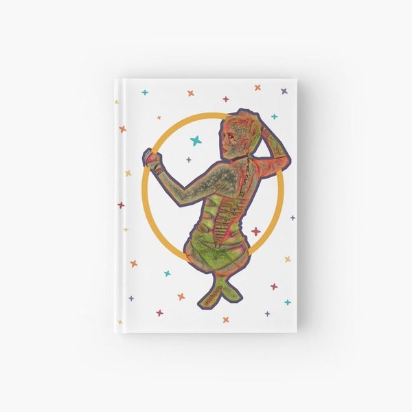Stylized image of me on a yellow lyra with colorful stars has been put onto a white hardcover notebook