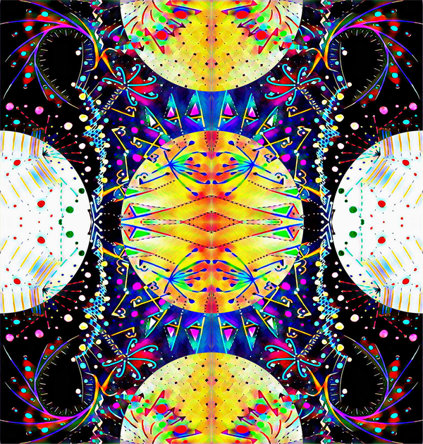 White and yellow orbs over a colorful black background with repeating geometric patterns