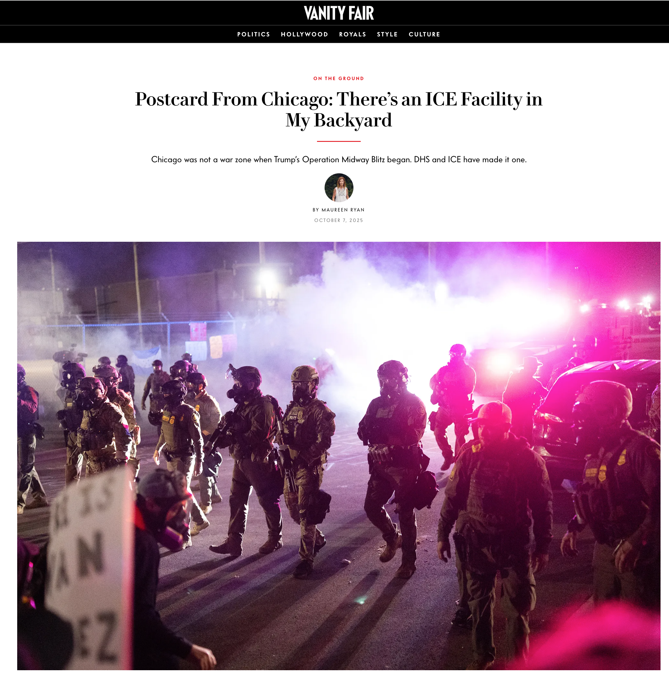 ICE agents in helmets, military apparel and gas masks amid clouds of tear gas outside the Broadview ICE facility in the Chicago area.