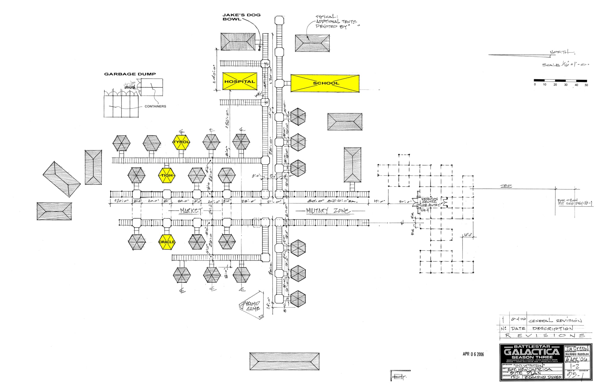 The plan of the New Caprica settlement created by production designer Richard Hudolin and built by his teams.