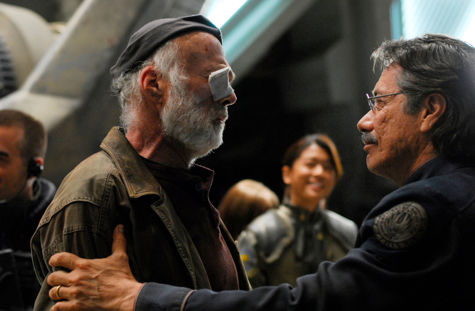 Tigh and Adama greet each other after the Battle for New Caprica.