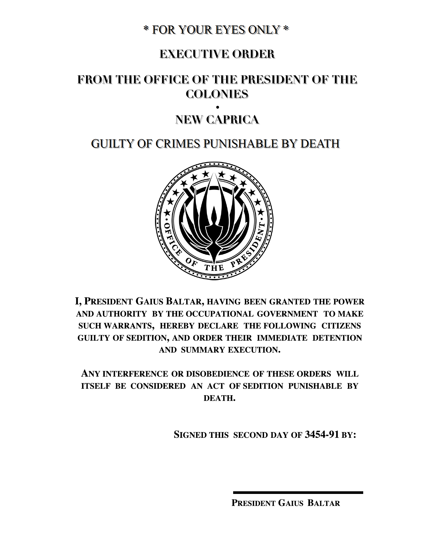 The order of execution Gaius Baltar signed on New Caprica