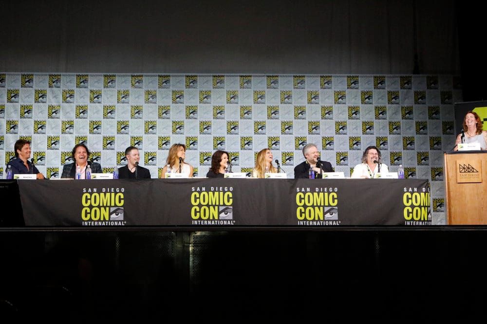 Michael Trucco, Aaron Douglas, Tahmoh Penikett, Grace Park, Mary McDonnell Tricia Helfer David Eick and Ron Moore at 2017 SDCC BSG panel