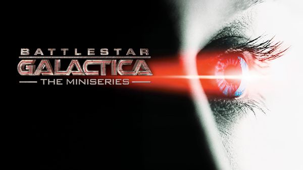 A close-up of a blue eye with a red band of light coming from it, beside a logo for Battlestar Galactica The Miniseries