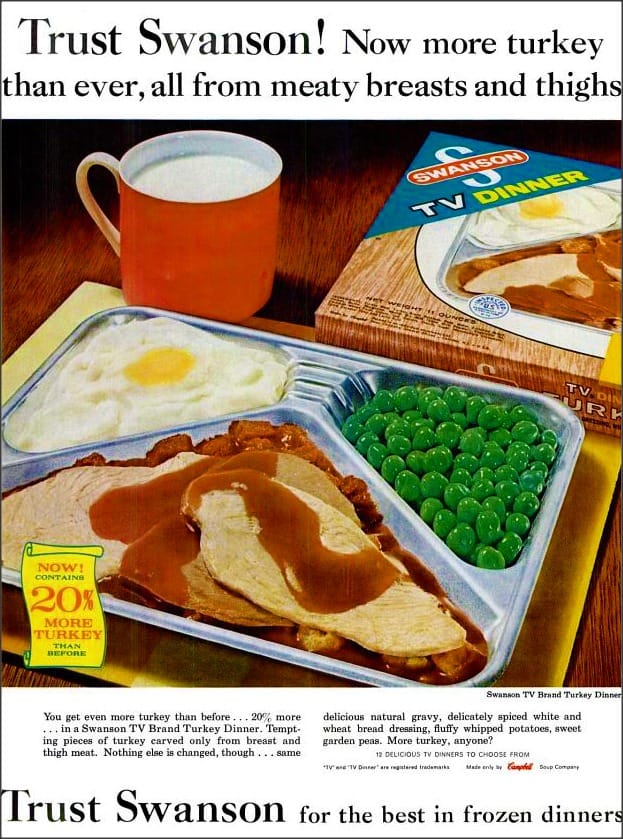 wanson TV Brand Turkey Dinner print advertisement circa 1963 promoting more turkey from breast and thigh meat.