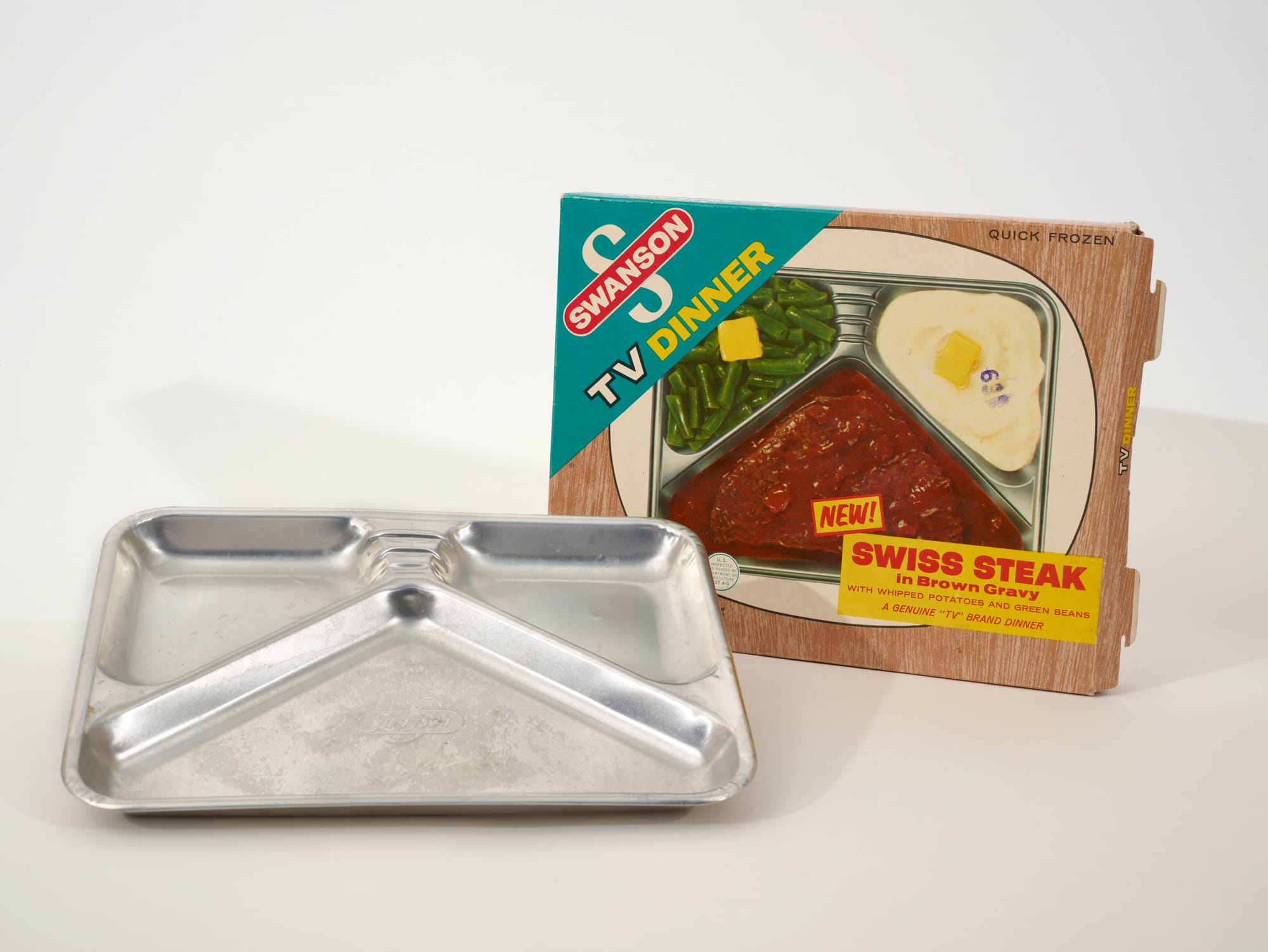 Swanson TV Dinner Swiss Steak box with original aluminum tray, circa 1960s.