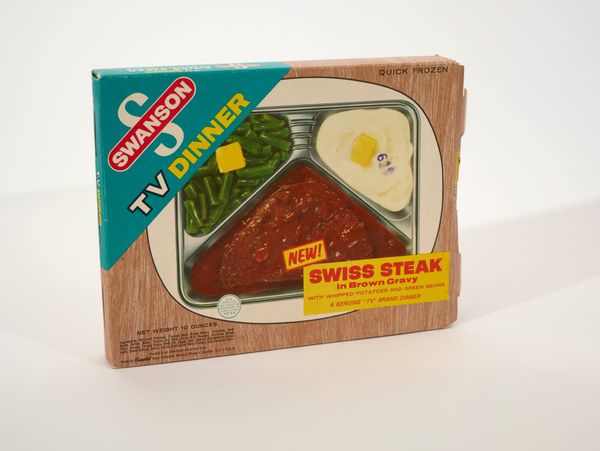 Swanson TV Dinner Swiss Steak box circa 1960s showing three-compartment aluminum tray meal