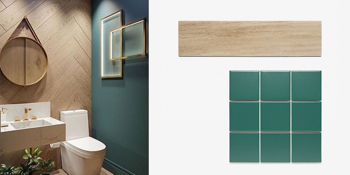 우드 헤링본 패턴과 그린컬러 욕실