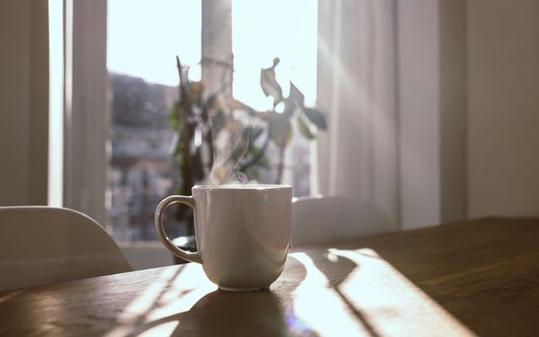 A steaming white cup in soft morning light by the window