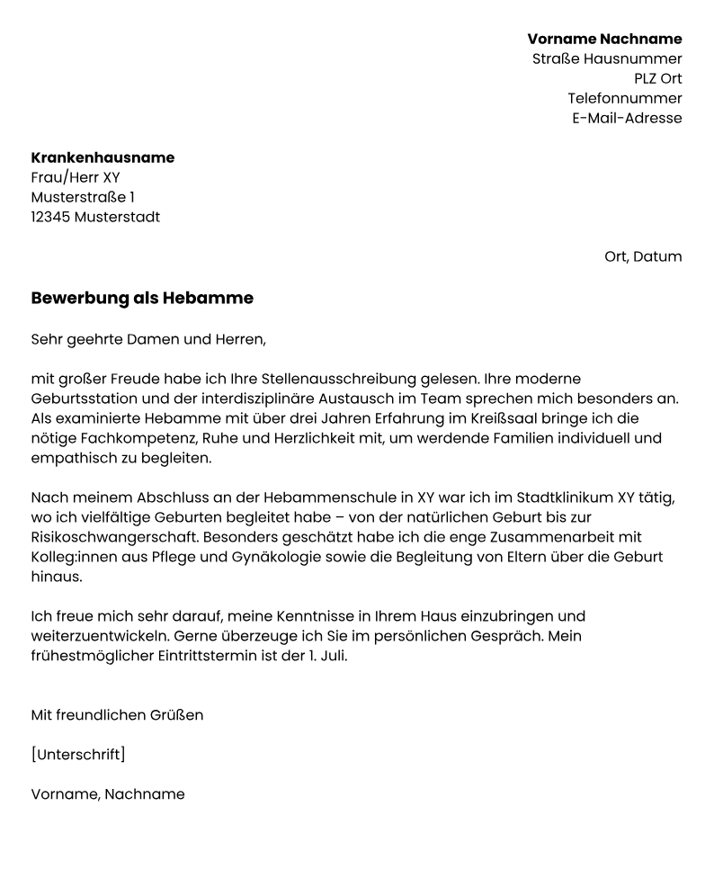 Muster: Anschreiben für eine Bewerbung als Hebamme