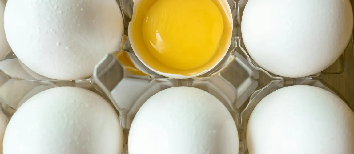 Darstellung von sechs Eiern, eins davon ist aufgebrochen.