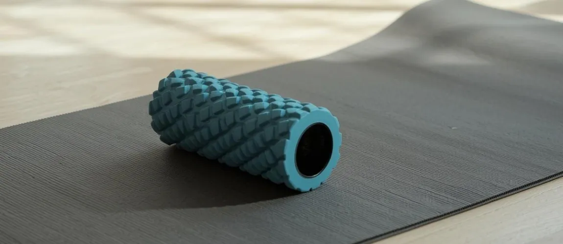 Eine Faszienrolle liegt auf einer grauen Gymnastikmatte.
