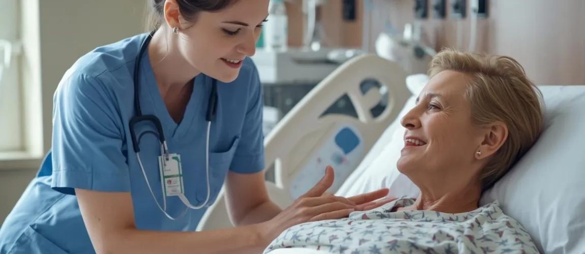 Eine Pflegefachkraft untersucht eine Patientin im Bett. 