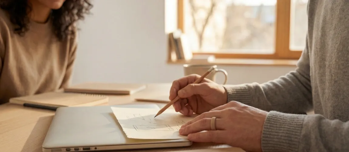 Ein Mann zeigt mit einem Bleistift auf ein Blatt Papier.