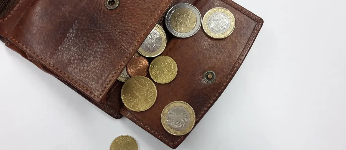 Verschiedene Euromünzen liegen in einem geöffneten Geldbeutel. 