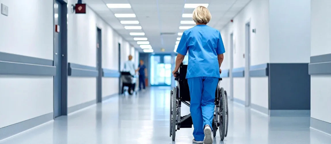 Krankenpflegerin schiebt einen Rollstuhl durch den Krankenhaus-Flur. 