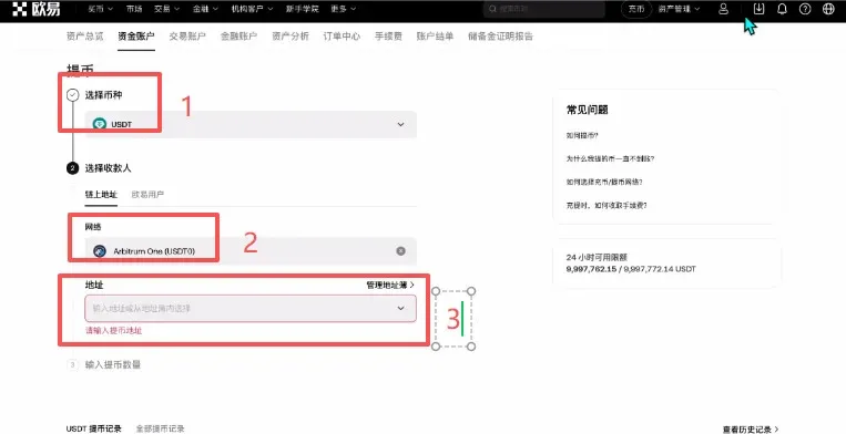 Formulario de retiro: selección de USDT en Arbitrum One y campo para la dirección de recepción
