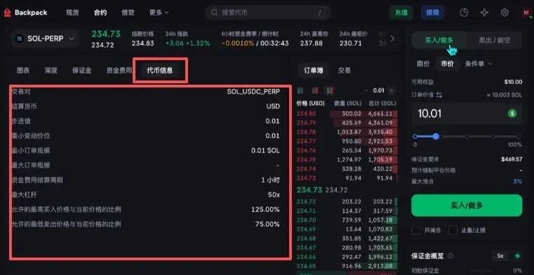 交易页面右侧显示索拉纳合约信息杠杆选择和买入做多滑块