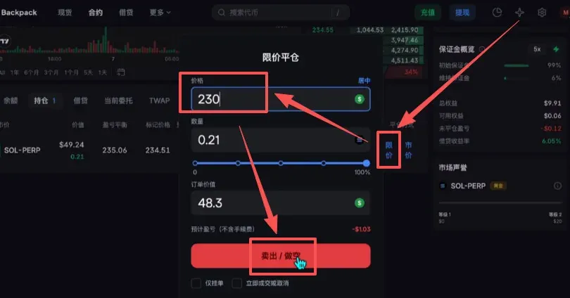 Backpack交易所卖空界面，限价/市价输入框与卖出做空按钮