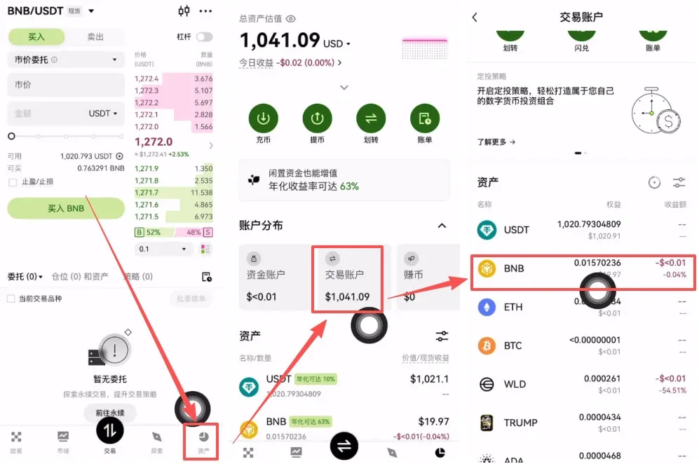 手机界面显示资产页交易账户列出已购买的BNB