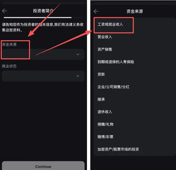 合规交易所收入来源与就业状态选择页面