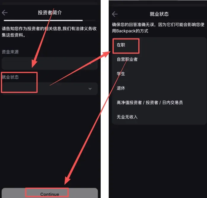 选择在职并点击继续的注册页面