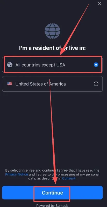 验证页面选择‘不是美国’并点击继续