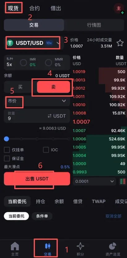 Backpack 交易所现货页面USDT/USD 交易对市价卖出框