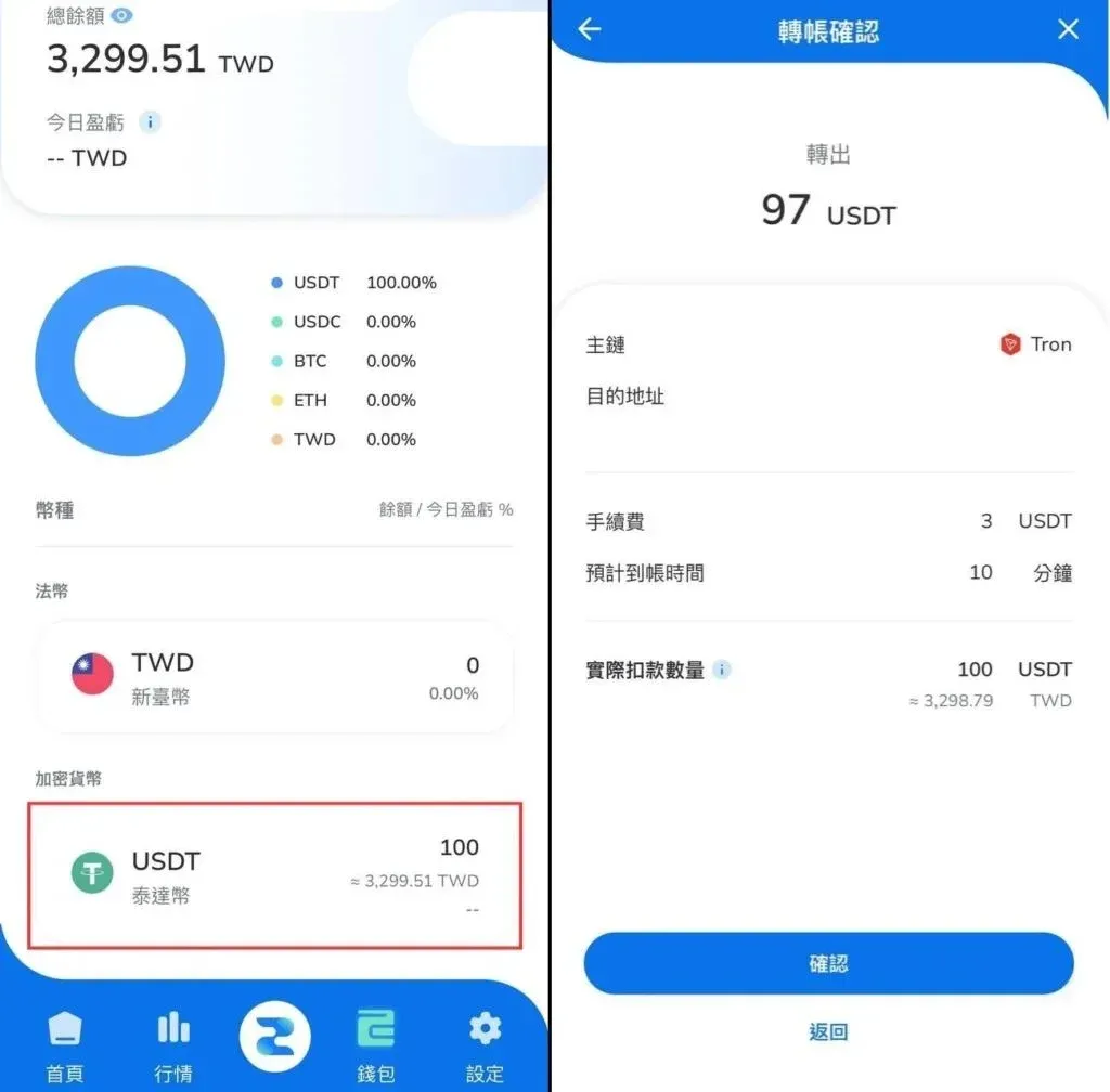 ZONE Wallet USDT 转出页面 填写地址和金额的界面
