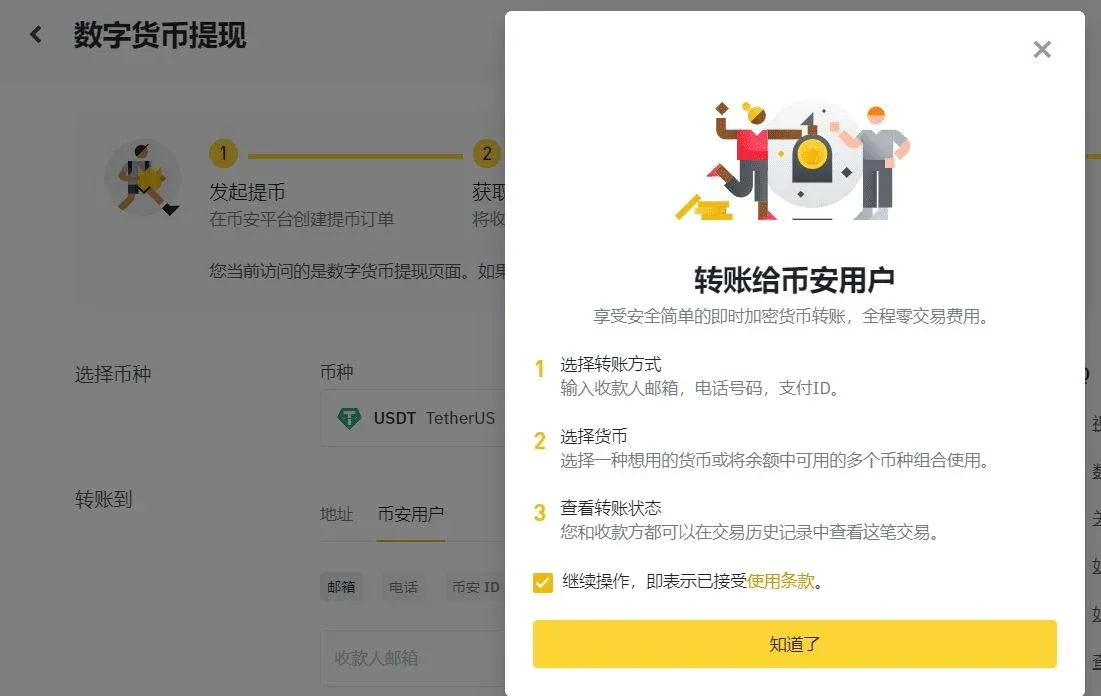 币安转账页面，填写手机号、邮箱或币安ID的输入框