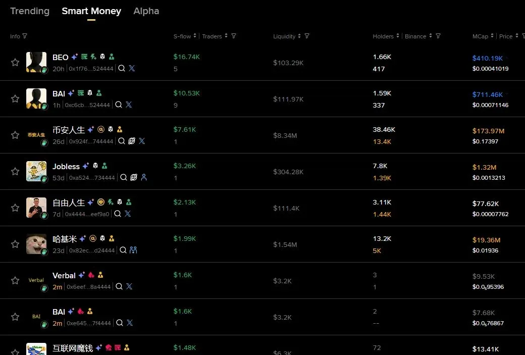 幣安 Web3 智能資金工具介面示意
