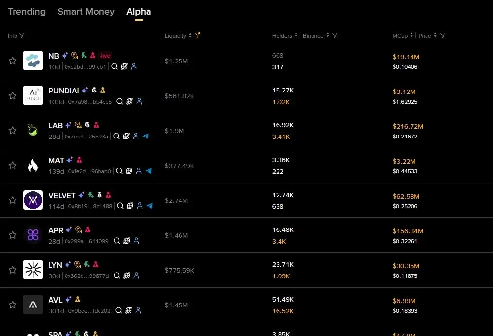 幣安 Web3 Alpha 工具介面展示
