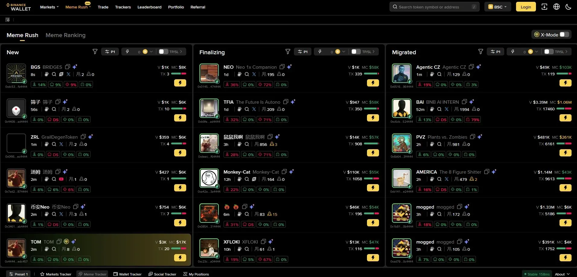 幣安Web3 Meme Rush 介面，列出模因代幣