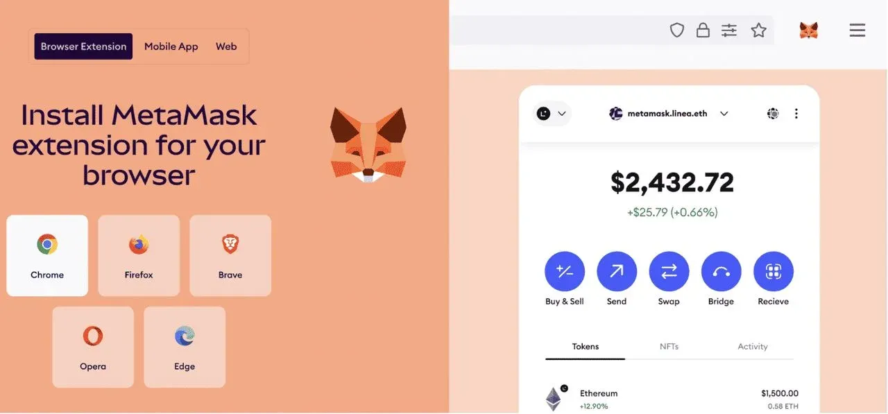 MetaMask 錢包介面顯示網路切換下拉列表