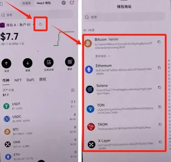 OKX 钱包转出界面 显示复制地址按钮