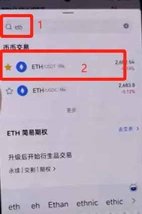 OKX交易页显示 ETH/USDT 交易对及买入按钮，资产为0，点击+进行内部划转