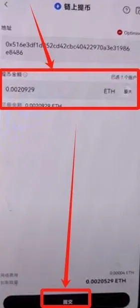 OKX 钱包提币页面填写金额并点击提交