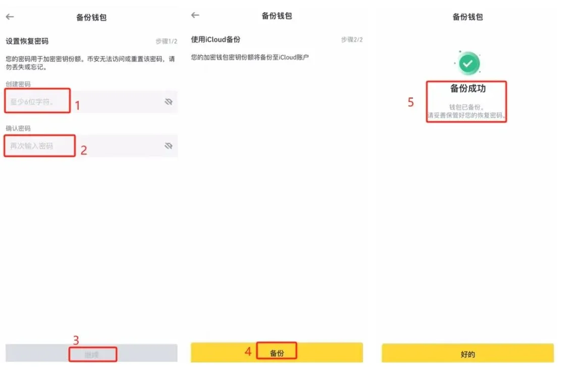 币安 Alpha 创建钱包页面，设置密码并备份私钥至 iCloud