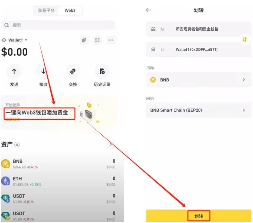 One‑click transfer from Binance spot account (recommended for beginners)