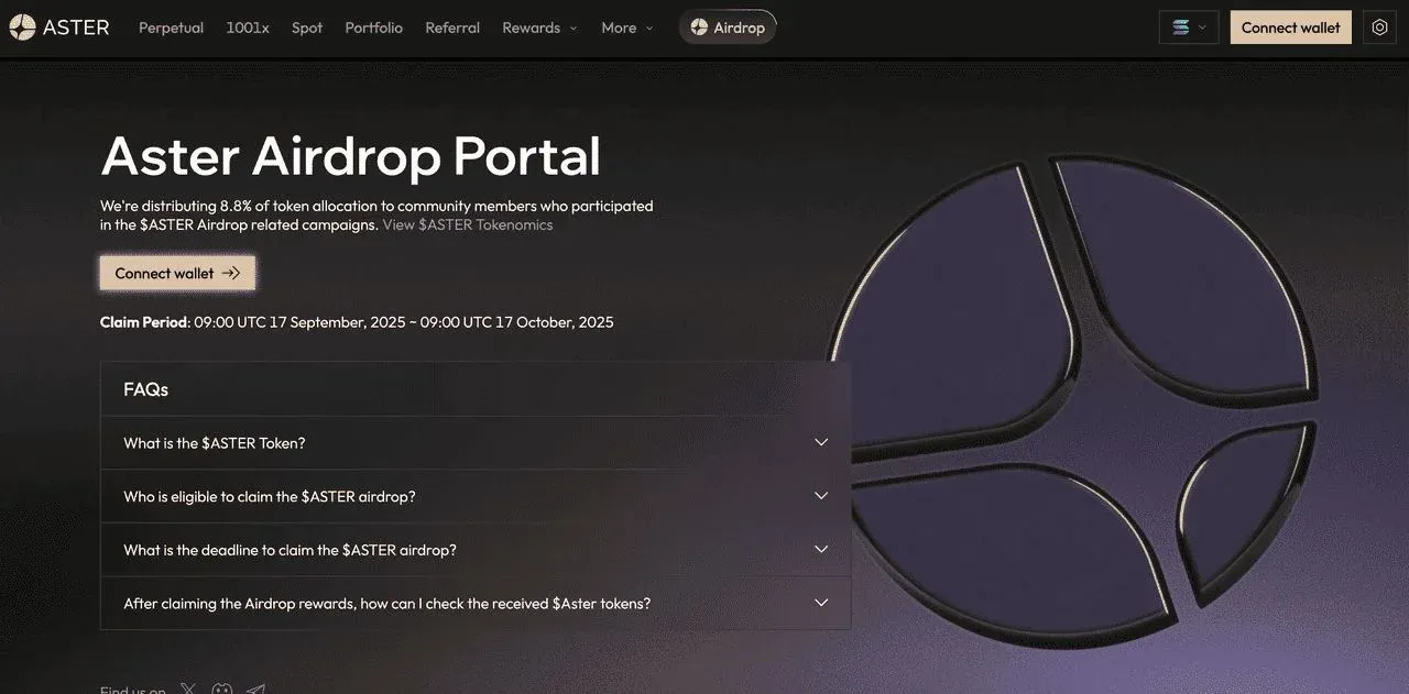 Illustration of Aster airdrop eligibility criteria, including ASTER holdings and trading volume