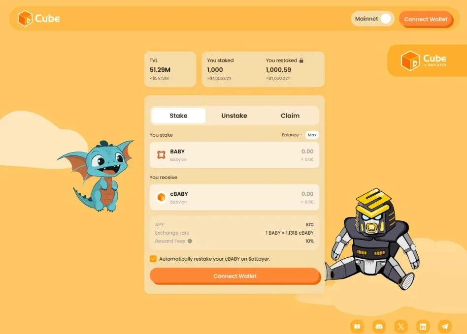 Ilustração 3‑D do cubo mostrando a relação entre staking de BABY e cBABY