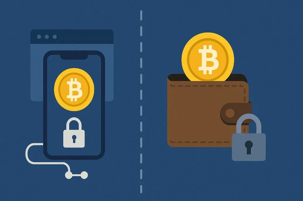 冷錢包與熱錢包對比示意 左側保管箱 右側手機