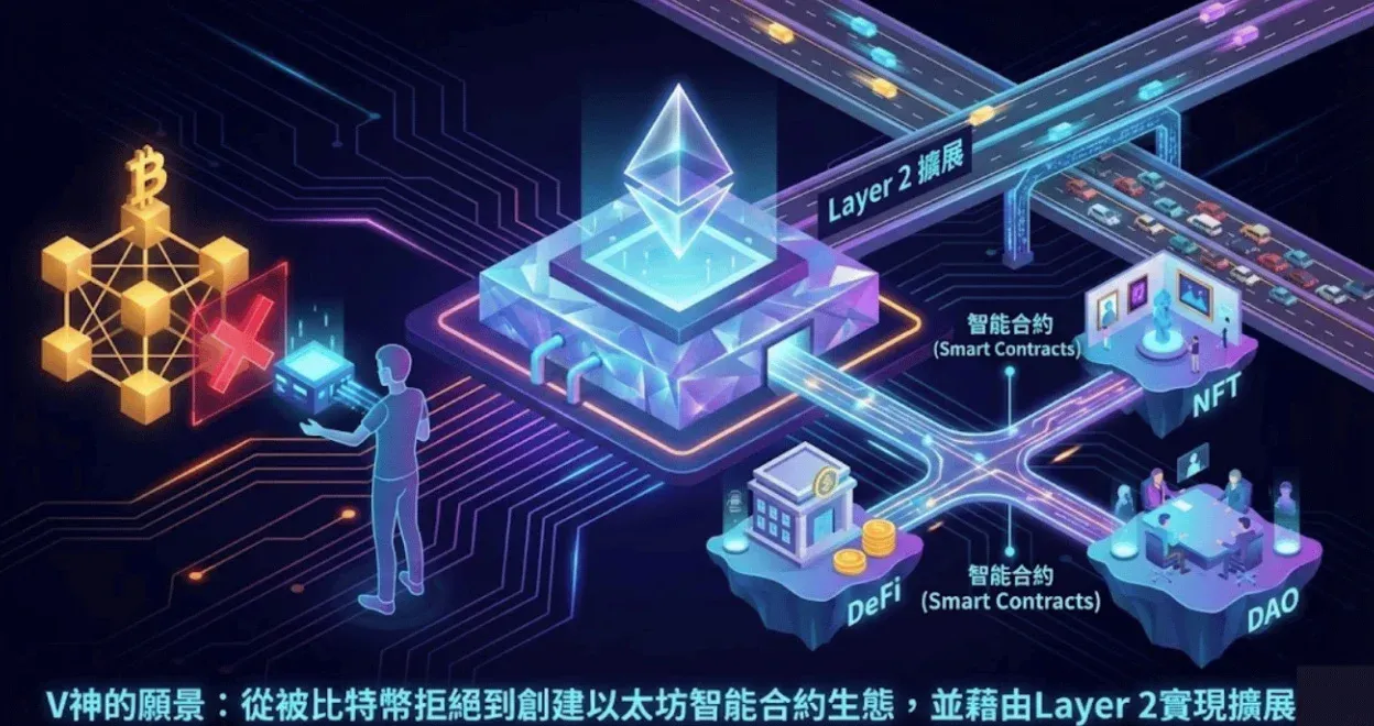 Vitalik Buterin 站在比特币与以太坊标志之间