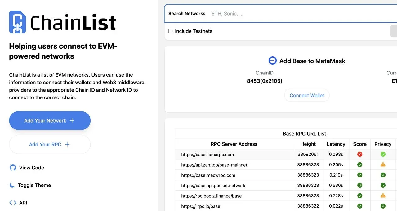 ChainList page showing the Base network add button