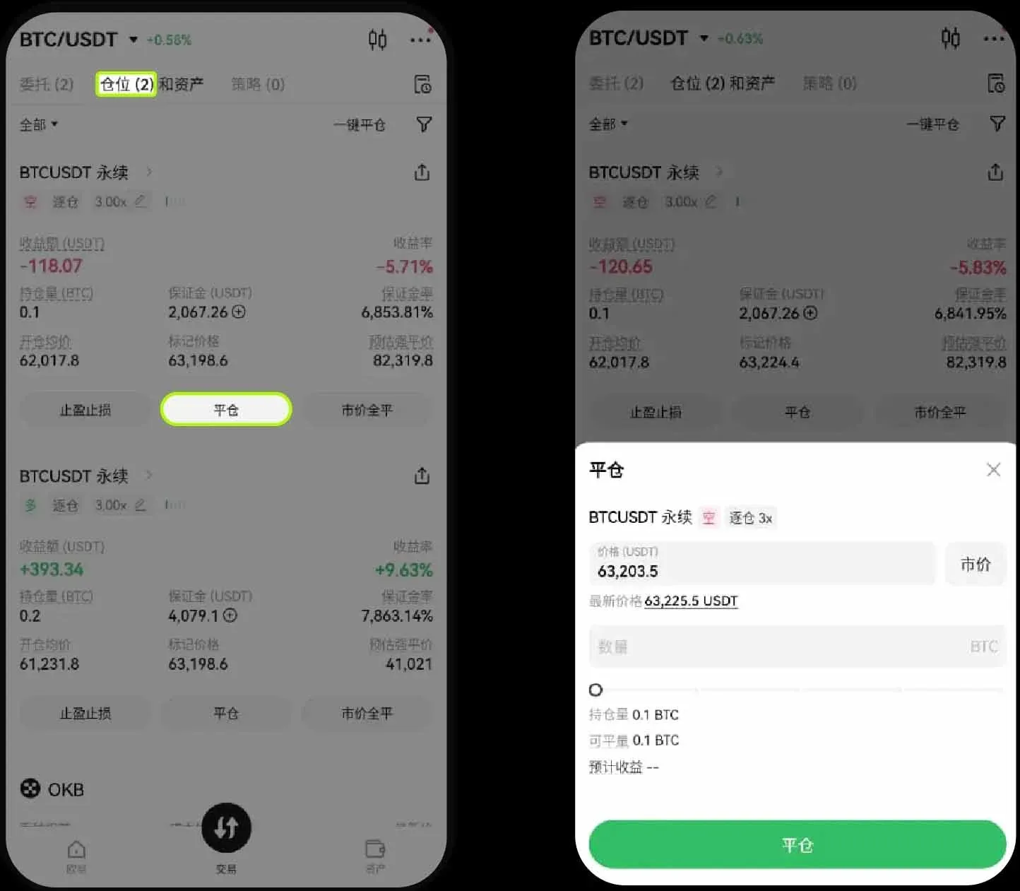 Página de trading donde al elegir una posición configuras cierre o TP/SL y confirmas
