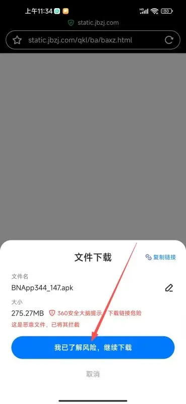Download warning dialog with button text “I understand the risks, continue download” – security warning dialog indicating potential risk with a continue button